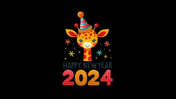 Обои на рабочий стол Жираф в шапке среди снежинок на черном фоне (Happy new year 2024)