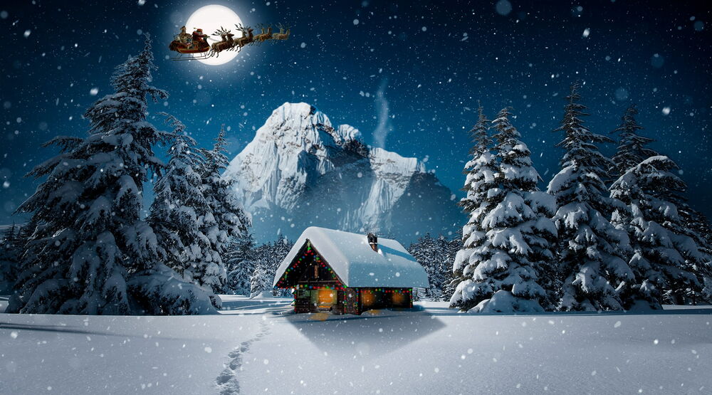 Обои для рабочего стола По ночному небу мчится Дед Мороз с подарками в упряжке с оленями над домиком и зимними деревьями, (2019), by christiancaron54