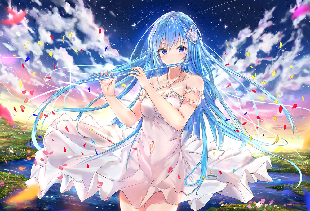 Обои для рабочего стола Emori Miku играет на флейте, виртуальный ютубер Emori Miku Project