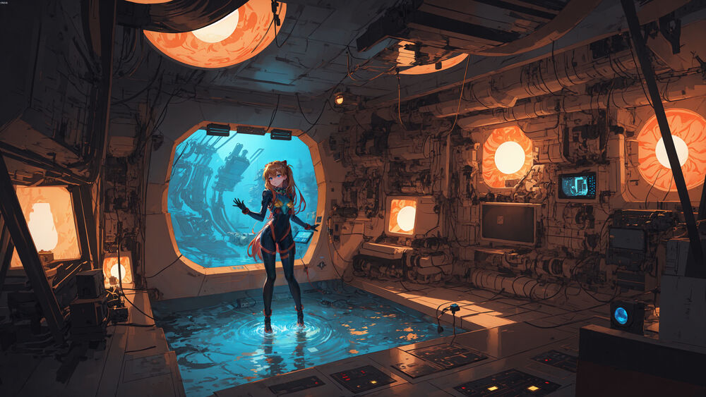 Обои для рабочего стола Asuka Langley Soryu / Аска Лэнгли Сорью в защитном костюме стоит на поверхности воды напротив иллюминатора, персонаж из аниме и манги Neon Genesis Evangelion / Евангелион