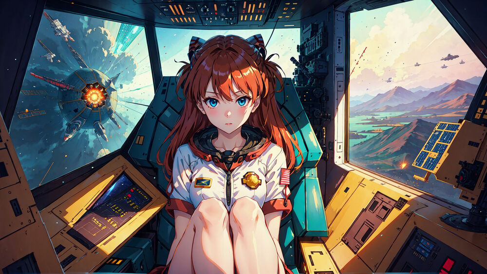 Обои для рабочего стола Asuka Langley Soryu / Аска Лэнгли Сорью сидит в кресле в кабине пилота космического корабля, персонаж из аниме и манги Neon Genesis Evangelion / Евангелион