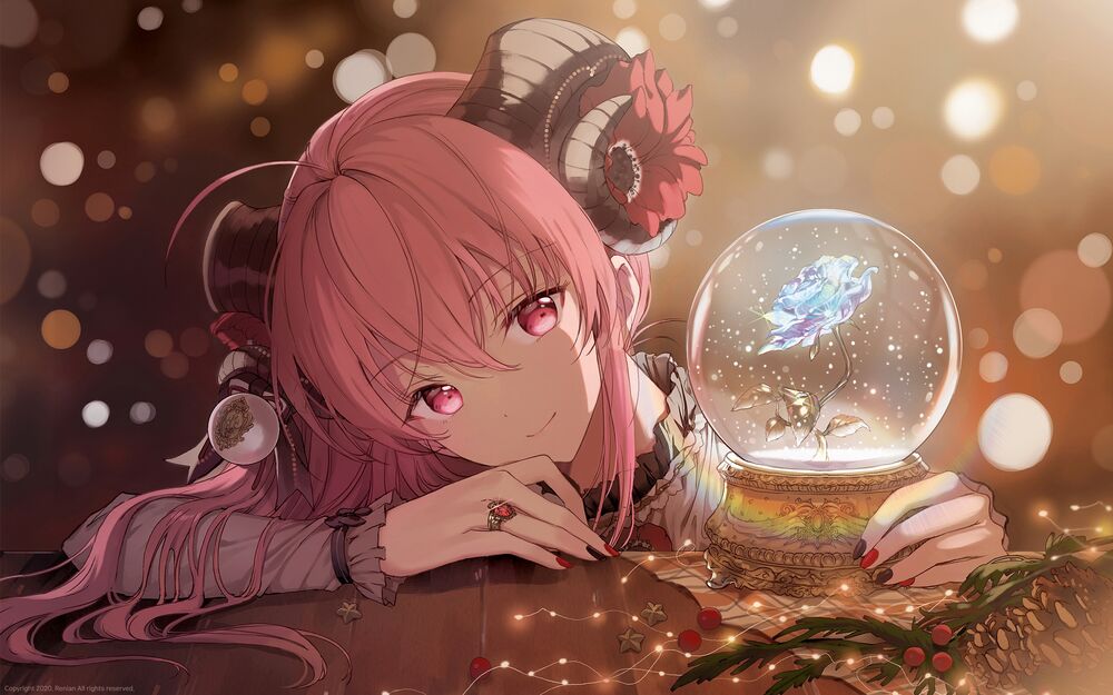Обои для рабочего стола Рогатая девушка с длинными розовыми волосами смотрит на хрустальную розу внутри стеклянного шара