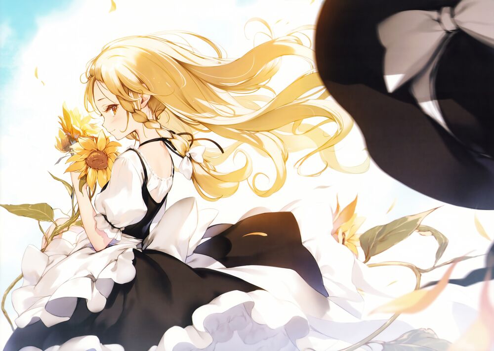 Обои для рабочего стола Kirisame Marisa / Кирисаме Мариса держит цветы подсолнуха в руках, персонаж из серии компьютерных игр Touhou Project / Проект «Восток»