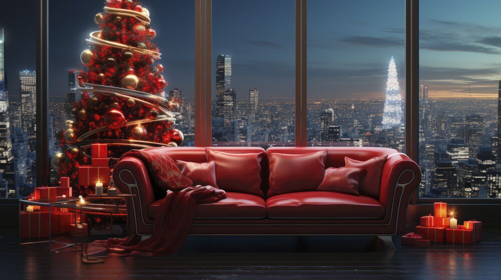 Обои для рабочего стола Большая нарядная елка, подарки, красный диван и за окном сумерки мегаполиса