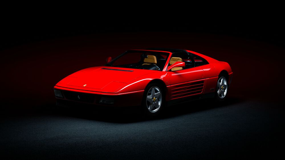 Обои для рабочего стола Красный Ferrari 348 на темном фоне