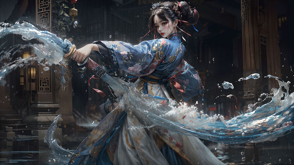 Обои для рабочего стола Арт азиатка в синем кимоно с водяными всплесками в руках на фоне храма
