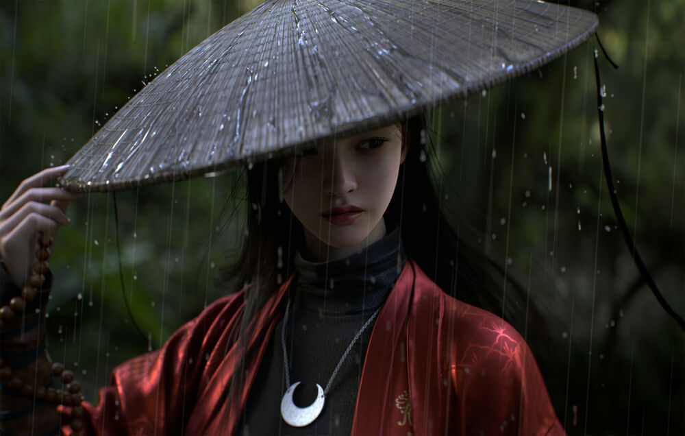 Обои для рабочего стола Азиатка в красном кимоно в шляпе под дождем