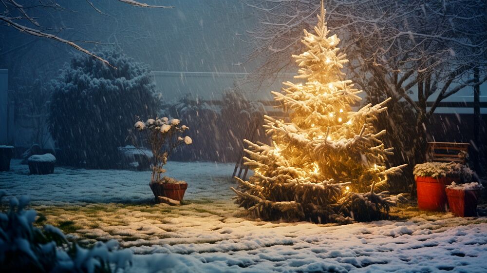 Обои для рабочего стола Украшенная елка с зажженной гирляндой в снегопад в саду ночью