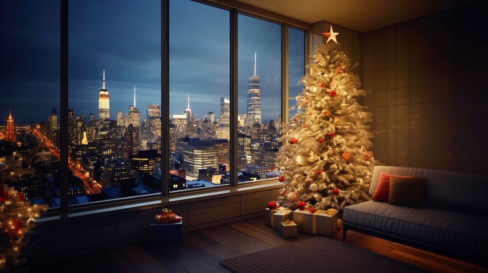 Обои для рабочего стола Украшенная елка с подарками на фоне большого ночного города из окна
