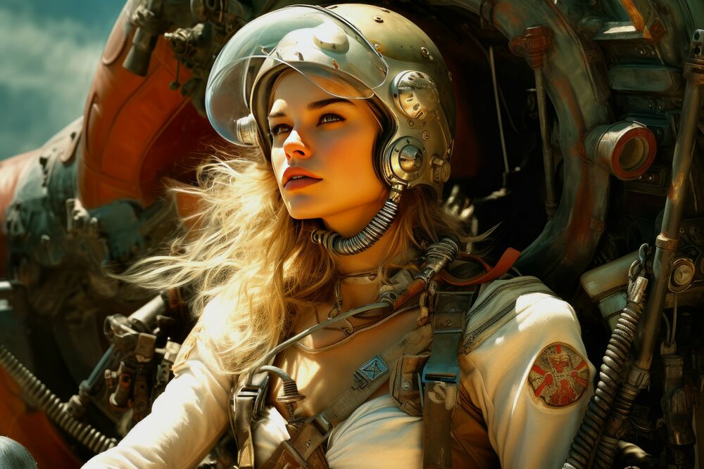 Обои для рабочего стола Девушка в военной форме сидит в кабине боевого робота