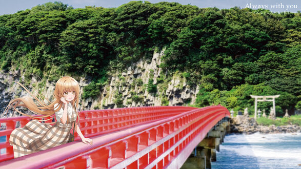 Обои на рабочий стол Махиру Сина / Mahiru Shiina из аниме Ангел по соседству / Otonari no Tenshi-sama ni Itsunomanika Dame Ningen ni Sareteita Ken стоит на мосту