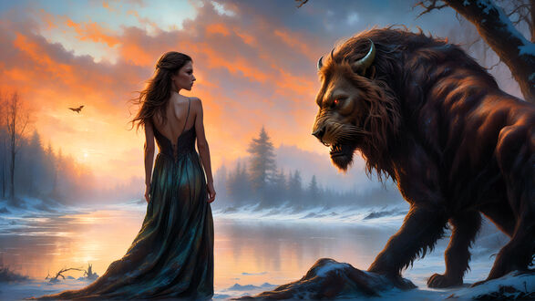 Обои на рабочий стол Девушка в вечернем платье стоит на берегу озера рядом с демоном в облике льва с рогами