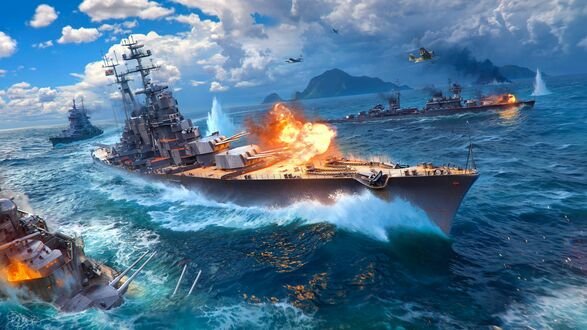 Обои на рабочий стол Корабль охваченный огнем из игры World of Warships, Battleship