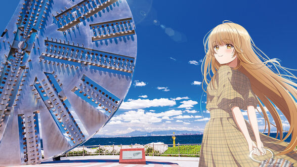 Обои на рабочий стол Махиру Сина / Mahiru Shiina из аниме Ангел по соседству / Otonari no Tenshi-sama ni Itsunomanika Dame Ningen ni Sareteita Ken стоит возле какой-то конструкции на фоне неба