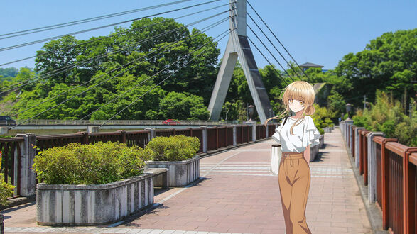 Обои на рабочий стол Махиру Сина / Mahiru Shiina из аниме Ангел по соседству / Otonari no Tenshi-sama ni Itsunomanika Dame Ningen ni Sareteita Ken стоит на мосту