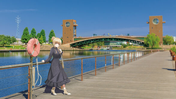 Обои на рабочий стол Махиру Сина / Mahiru Shiina из аниме Ангел по соседству / Otonari no Tenshi-sama ni Itsunomanika Dame Ningen ni Sareteita Ken стоит, облокотившись на ограждение