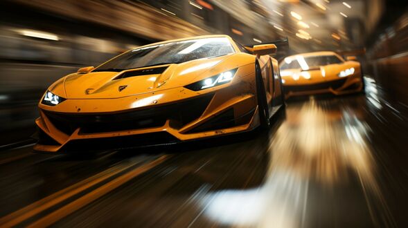 Обои на рабочий стол Похожие на Lamborghini два желтых спорткара мчатся по городской улице