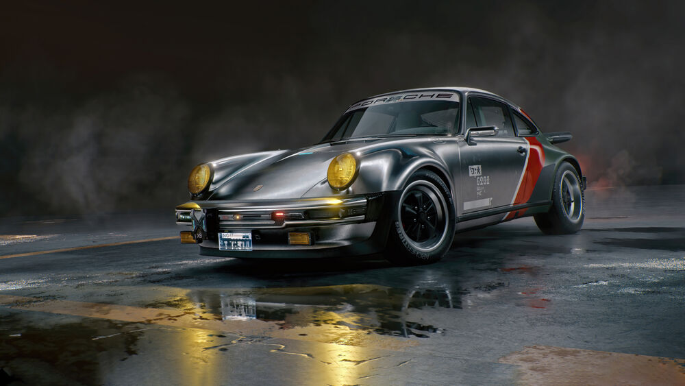 Обои для рабочего стола Porsche стоит по серединке дороги в тумане