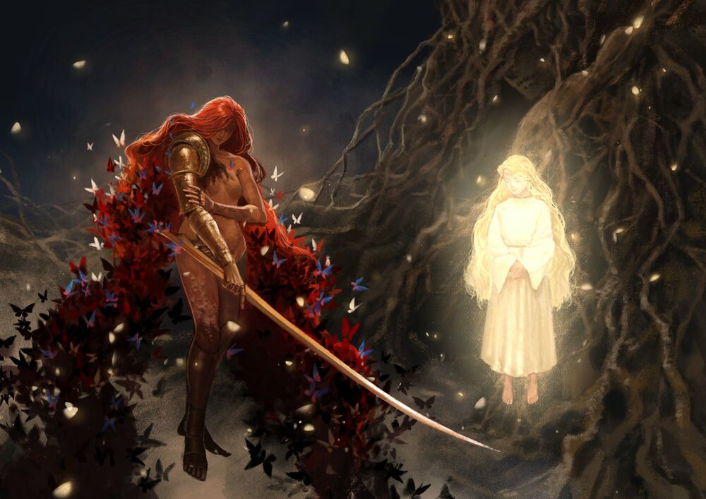 Обои для рабочего стола Malenia, Blade of Miquella / Маления, Клинок Микеллы, волосы которой покрывают бабочки, и Микелла Неомраченный / Miquella the Unalloyed, от которого исходит свет, из игры Elden Ring