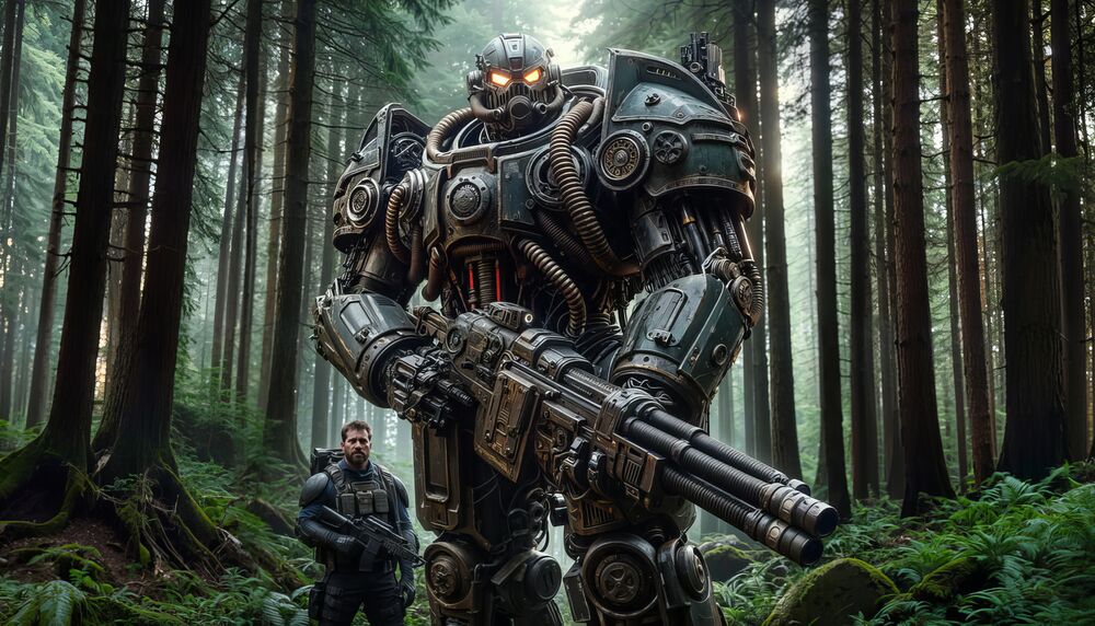 Обои для рабочего стола Воин с боевым роботом стоят в лесу с оружием в руках