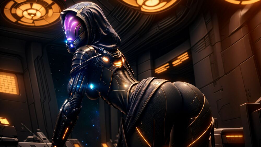 Обои для рабочего стола Персонаж из игры Mass Effect стоит спиной прогнувшись