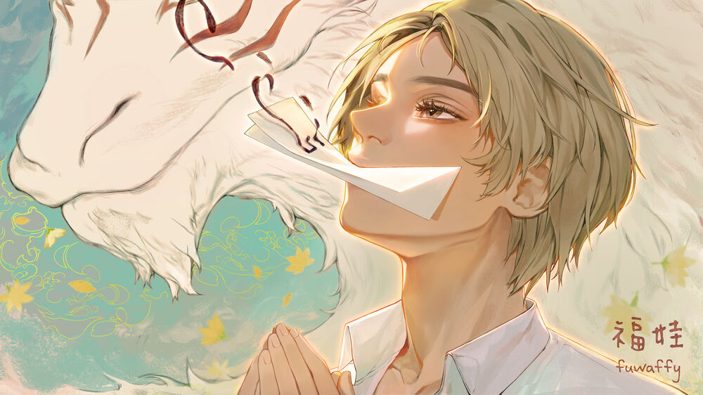 Обои для рабочего стола Madara / Мадара и Takashi Natsume / Такаши Нацумэ из аниме Natsume Yuujinchou / Тетрадь дружбы Нацумэ