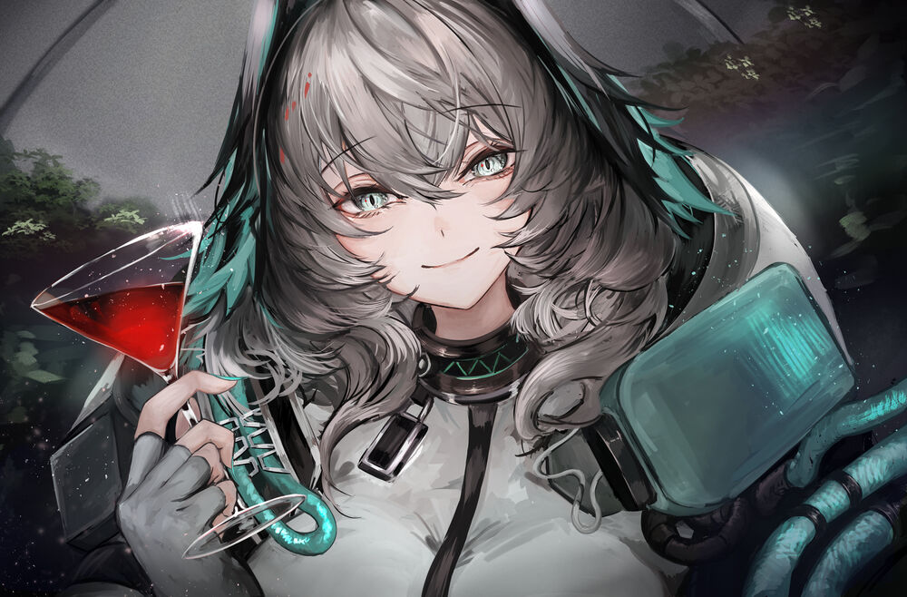 Обои для рабочего стола Ho‘olheyak / Хеольхэйяк / Хеоль из игры Arknights с бокалом красной жидкости в руке
