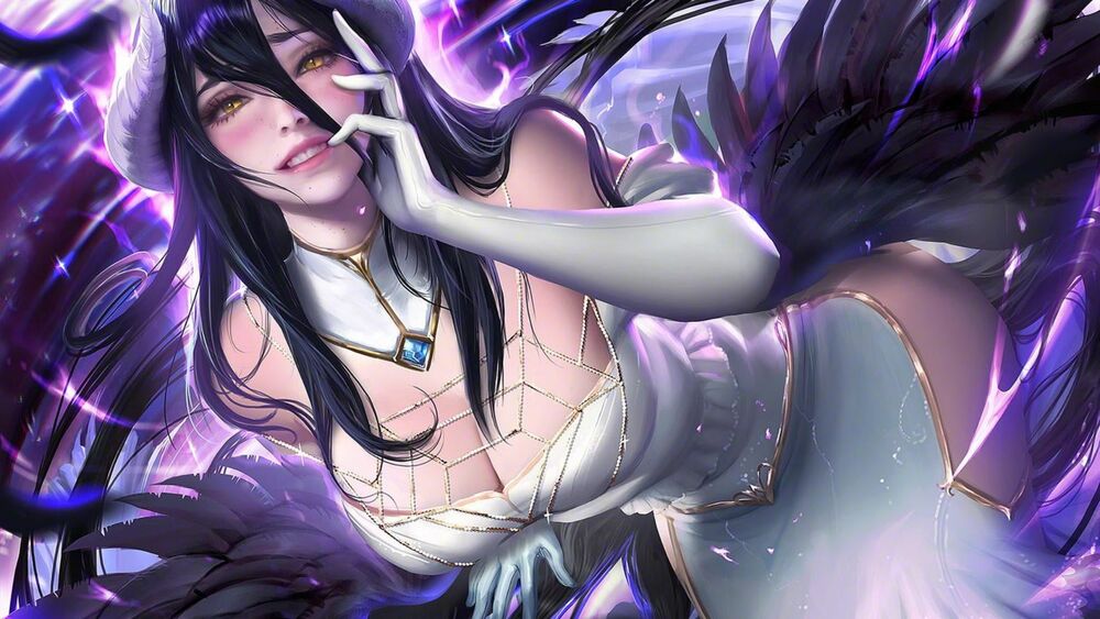 Обои для рабочего стола Albedo / Альбедо из аниме Overlord / Повелитель на фиолетовом фоне с рукой у лица