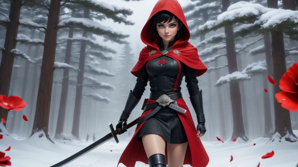 Обои для рабочего стола Девушка в красном плаще с мечом в руках идущая по зимнему лесу