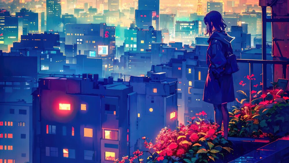 Обои для рабочего стола Девочка с рюкзаком стоит на крыше здания и смотрит на ночной город