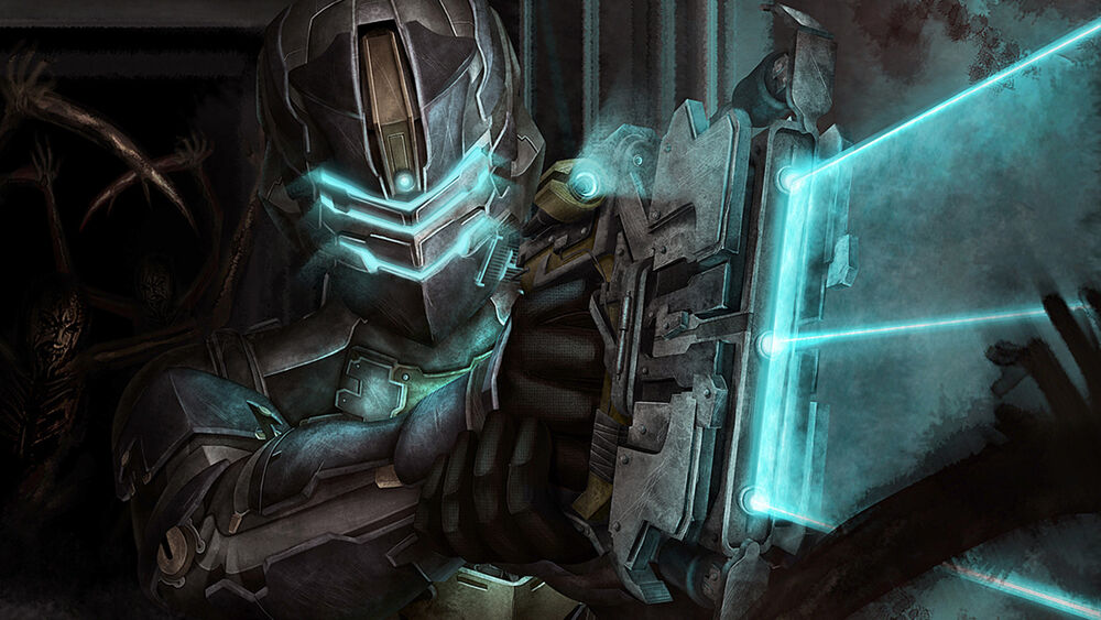 Обои для рабочего стола Человек в доспехах с оружием их игры Dead Space 4