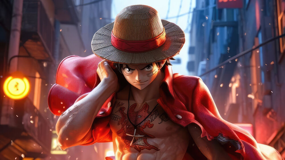 Обои для рабочего стола Monkey D. Luffy / Манки Д. Луффи из игры Jump Force в красной рубашке и соломенной шляпе на улице среди искр