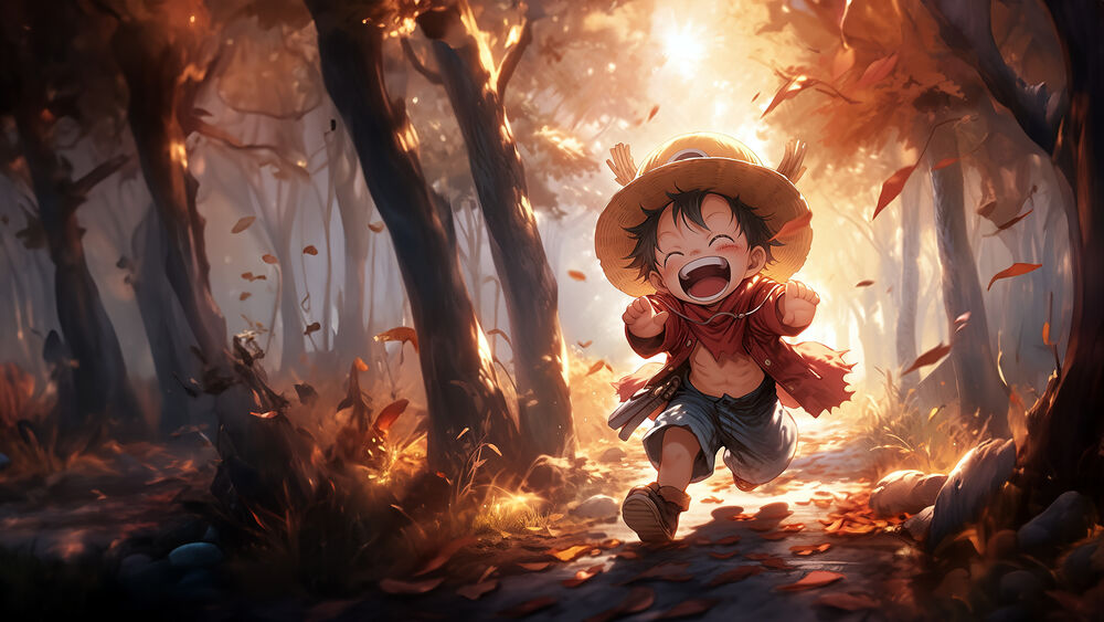 Обои для рабочего стола Маленький Luffy Monkey D./Монки Д. Луффи в соломенной шляпе бежит по осеннему лесу. Из аниме One Piece / Ван Пис