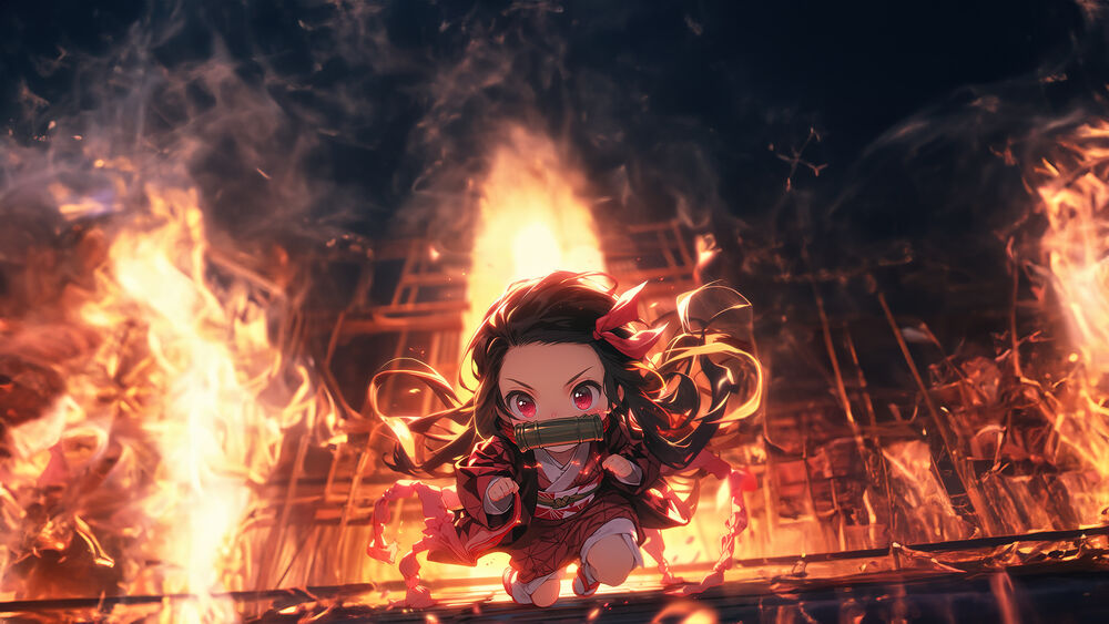 Обои для рабочего стола Nezuko Kamado из аниме Demon Slayer: Kimetsu no Yaiba на фоне горящего здания