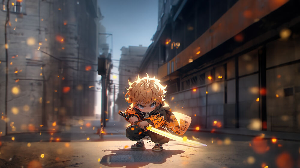 Обои для рабочего стола Zenitsu Agatsuma из аниме Demon Slayer: Kimetsu no Yaiba с суровым взглядом присел на городской улице со светящимся мечем