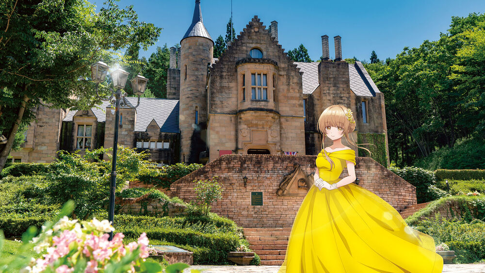 Обои для рабочего стола Махиру Сина / Mahiru Shiina из аниме Ангел по соседству / Otonari no Tenshi-sama ni Itsunomanika Dame Ningen ni Sareteita Ken, одетая в желтое платье, стоит возле дома, похожего на маленький замок