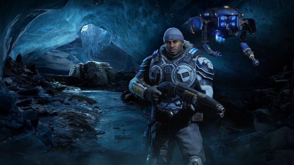 Обои для рабочего стола Воин из игры Gears of war стоит в пещере с оружием в руках