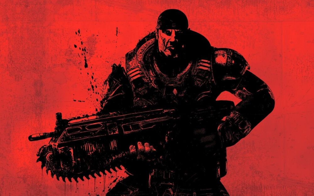 Обои для рабочего стола Силуэт мужчины на красном фоне из игры Gears of War