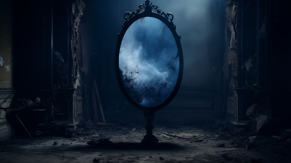 Обои для рабочего стола Темное зеркало - портал стоит в заброшенной темной комнате