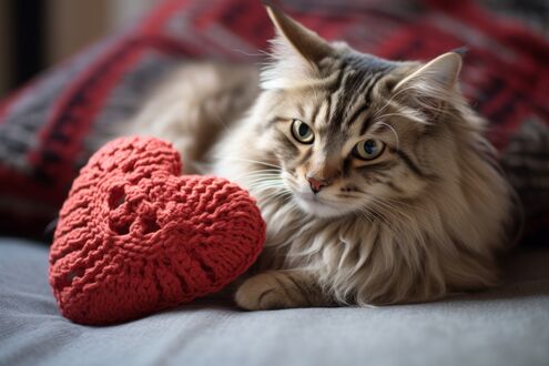 Конкурсная работа Красное вязанное сердечко возле кота, лежащего на кровати