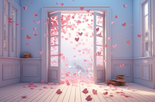 Обои на рабочий стол В открытые двери дома влетают розовые сердечки
