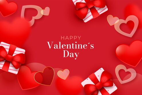 Обои на рабочий стол Сердечки и подарки на красном фоне (Happy Valentines day)