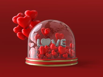 Обои на рабочий стол Стеклянная полусфера с сердечками и надписью Love на красном фоне