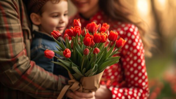Обои на рабочий стол Мальчик между родителями, которые держат букет красных тюльпанов