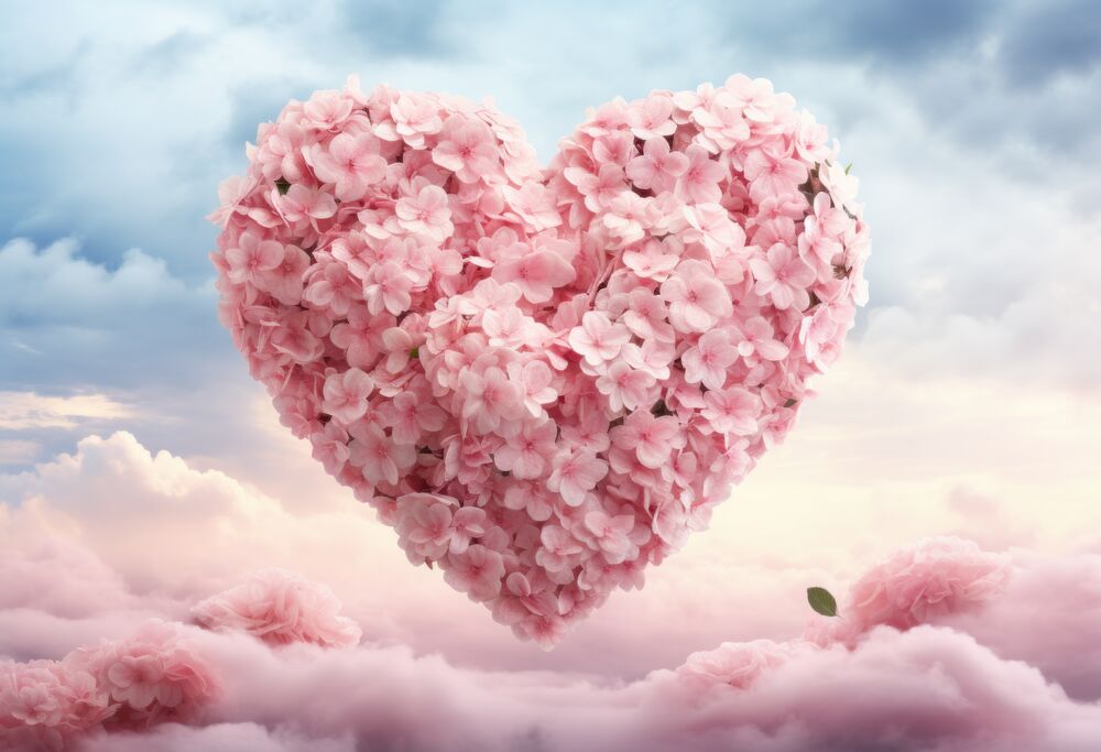 Обои для рабочего стола Сердце из розовых цветов сакуры над розовыми облаками
