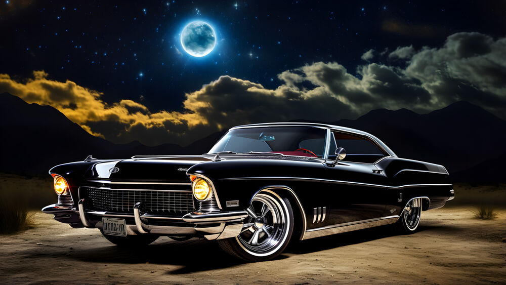 Обои для рабочего стола Черный Chevrolet Impala стоит в ночной пустыне