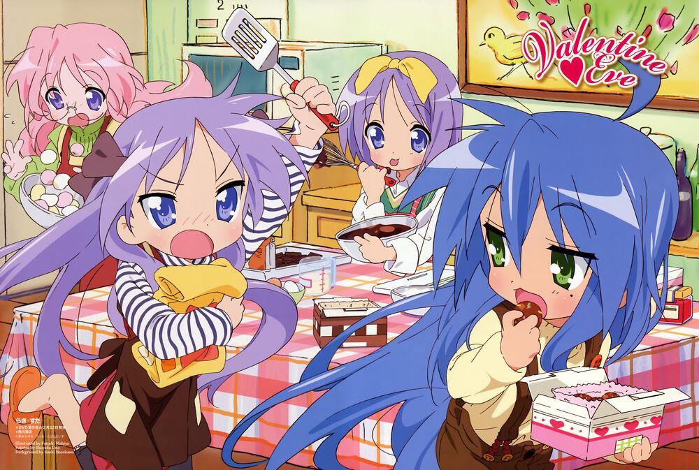Обои для рабочего стола Kagami и Tsukasa Hiiragi, Konata izumi и Miyuki Takara весело готовят шоколадные сладости из аниме Luky Star, valentine day