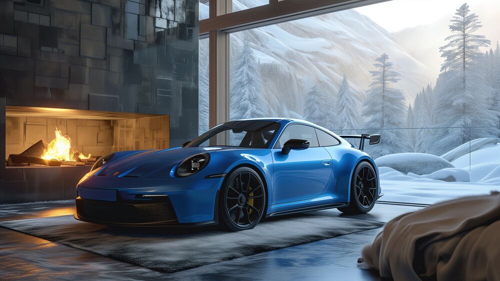 Обои для рабочего стола Синий Porsche 911 стоит большом ангаре
