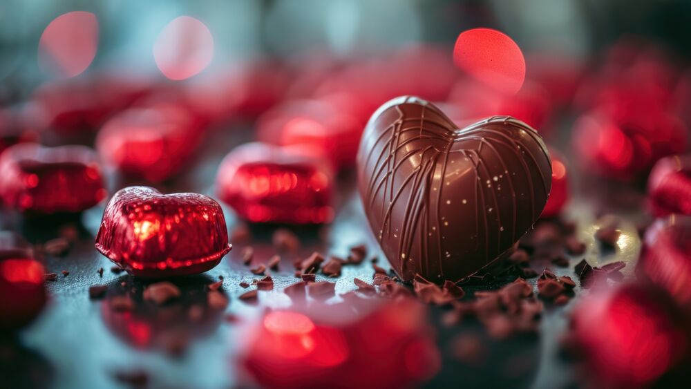 Обои для рабочего стола Шоколадная конфета в форме сердечка на размытом фоне