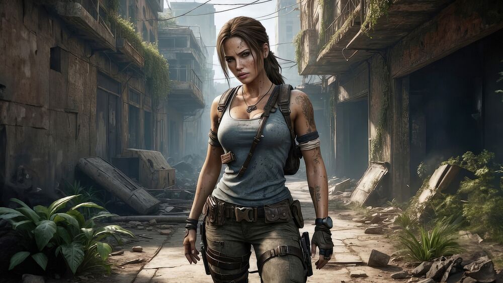 Обои для рабочего стола Лара Крофт из игры Tomb Raider стоящая на фоне заброшенного города